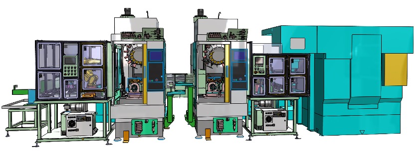 機械間ローダー搬送+固定ロボット